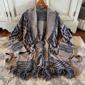 Western Aztec Tribal Print Grey Long Belted Cardigan Sweater Shirt Top Coat